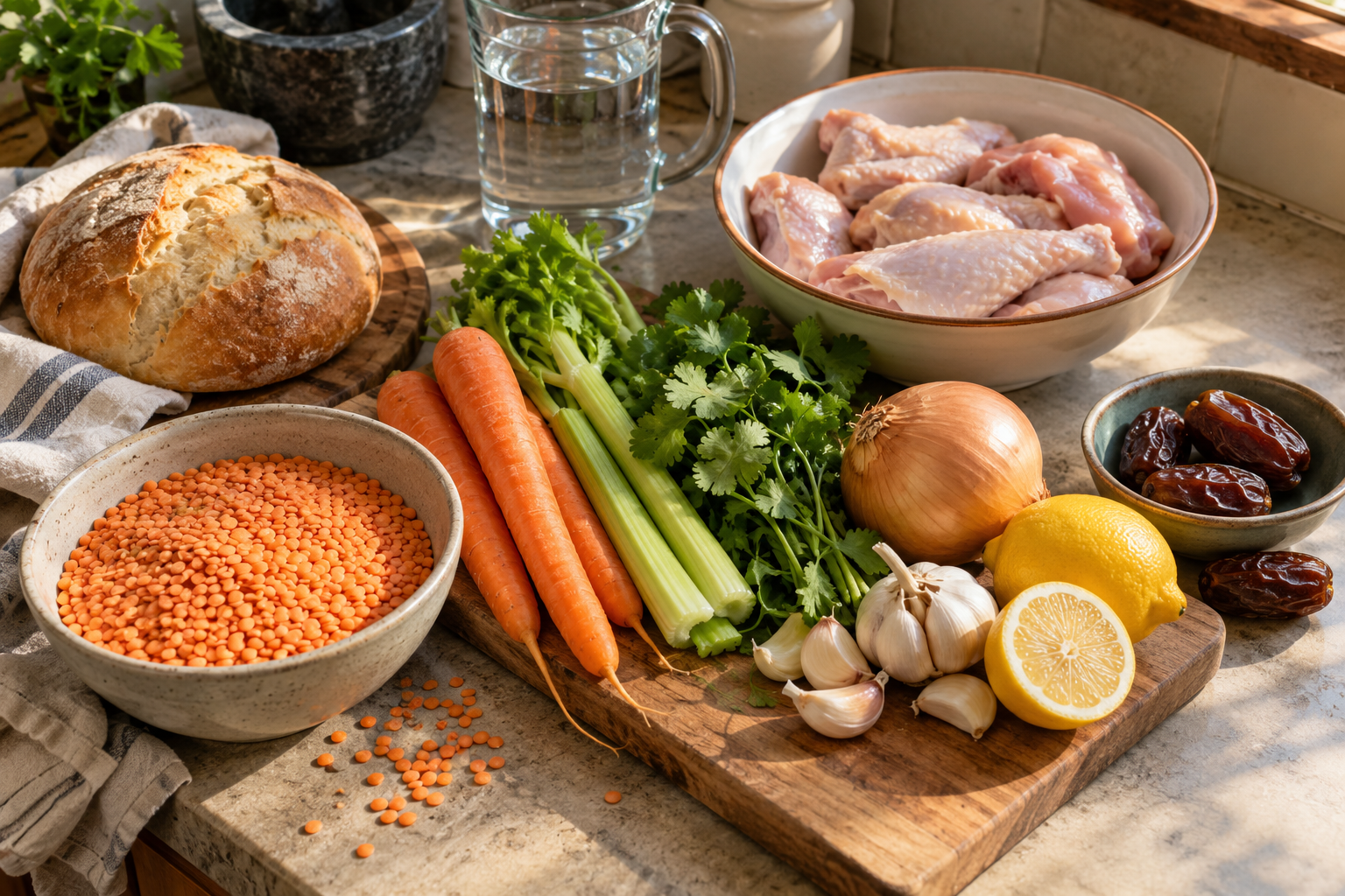 Lentils, chicken, vegetables, dates and bread prepared for boeka