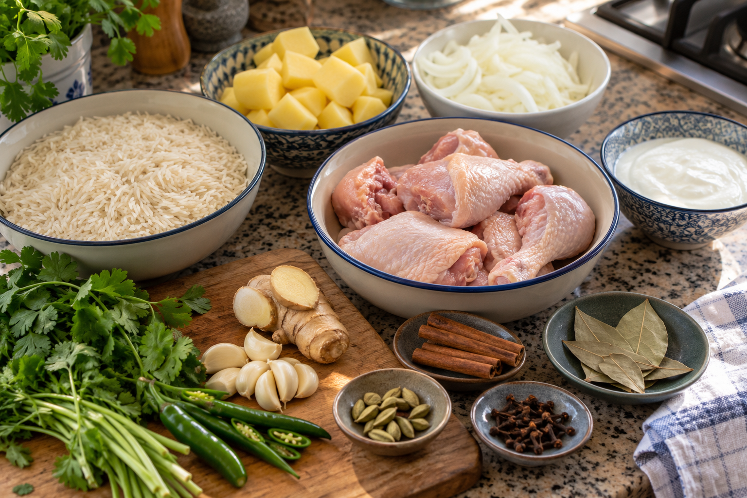 Chicken, rice, potatoes, yoghurt and whole spices prepared for akhni