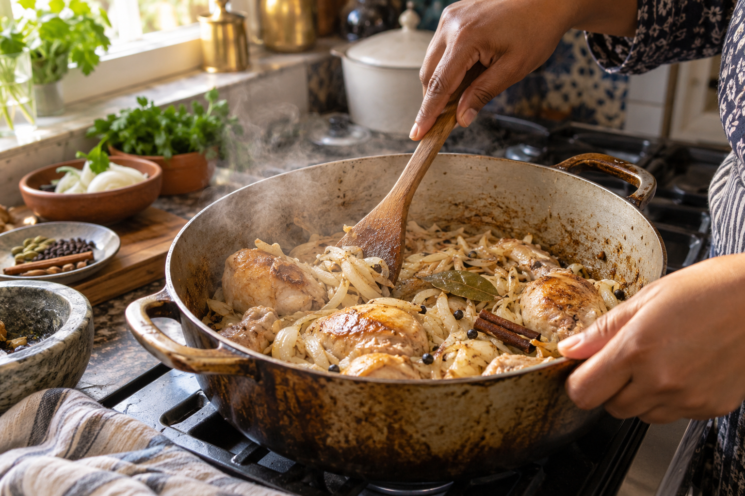 Onions, spices and chicken browning in the family akhni pot