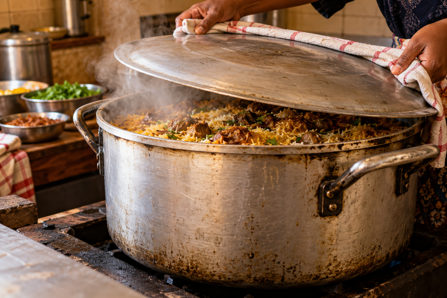 A large sealed breyani pot cooking slowly for a celebration