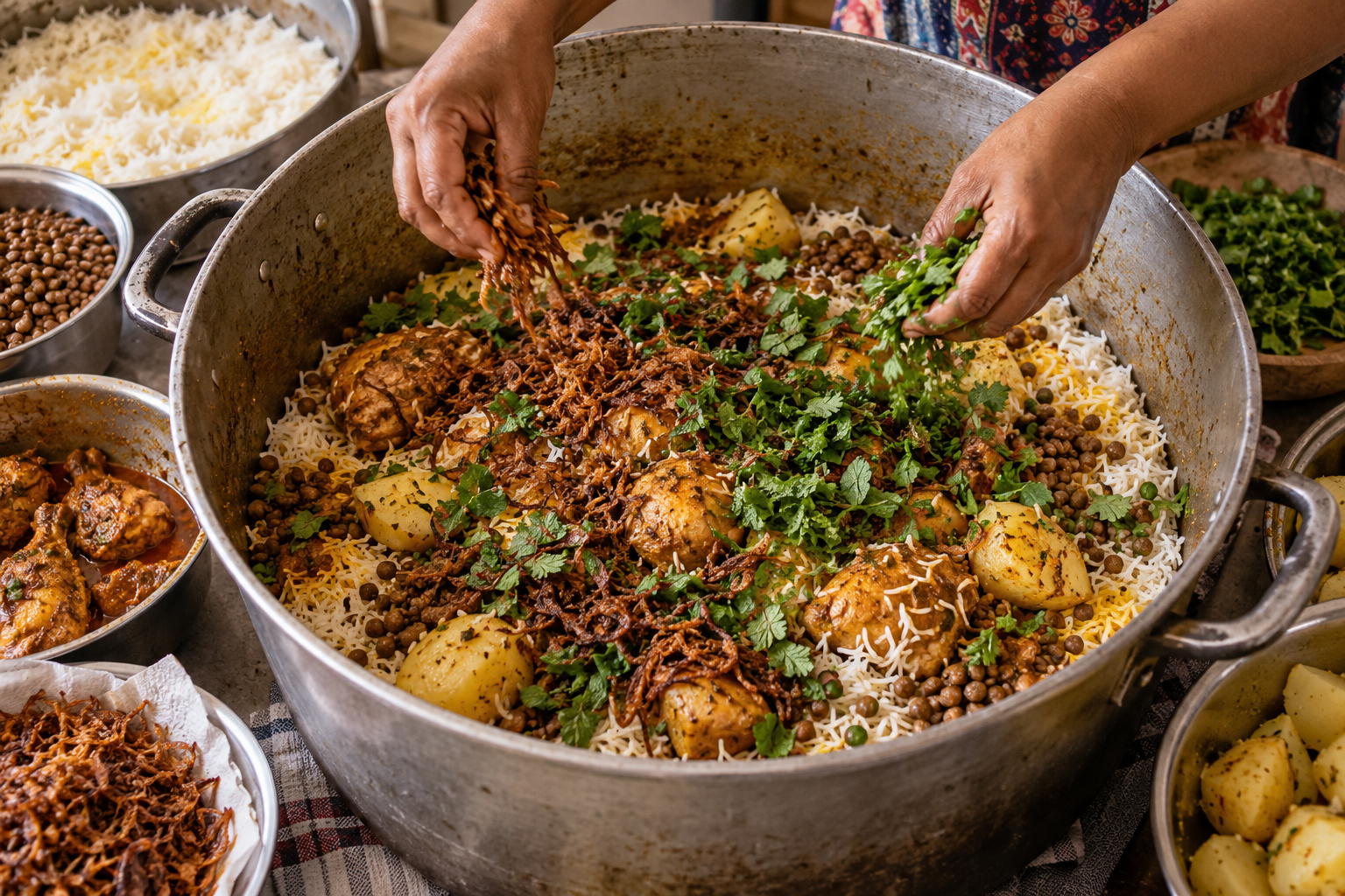 Rice, chicken, lentils, potatoes and herbs layered in the breyani pot
