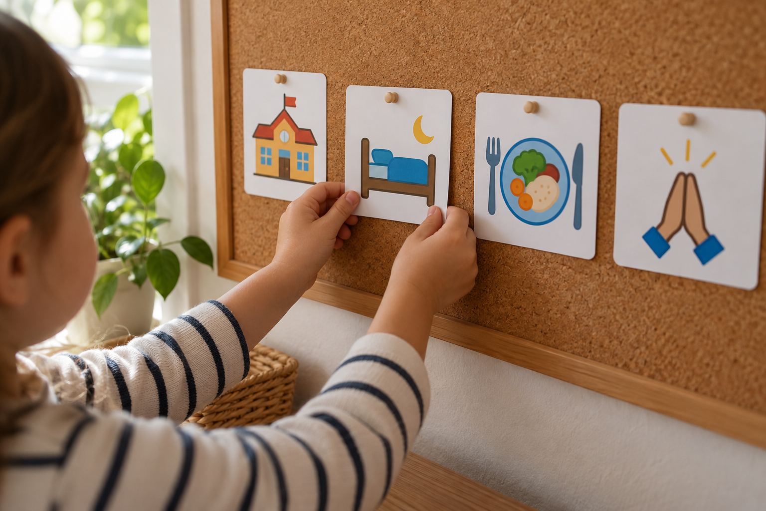 A child arranging simple activity cards for the day