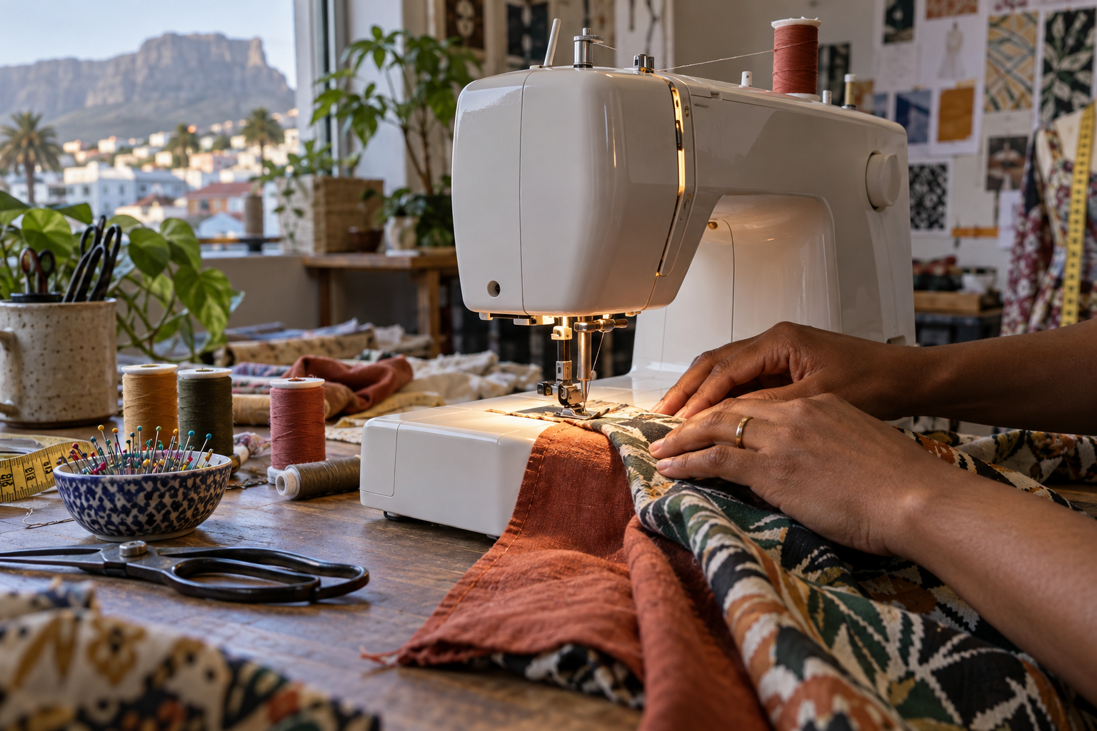 A careful seam taking shape at a domestic sewing machine