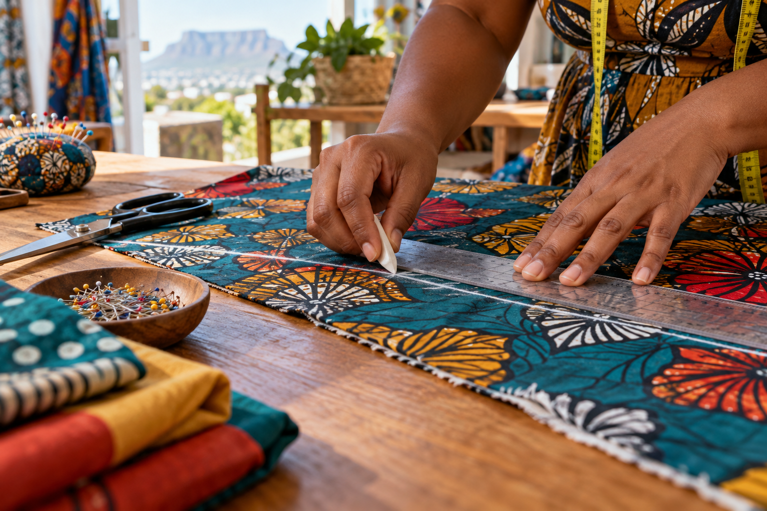Fabric being measured and marked before cutting