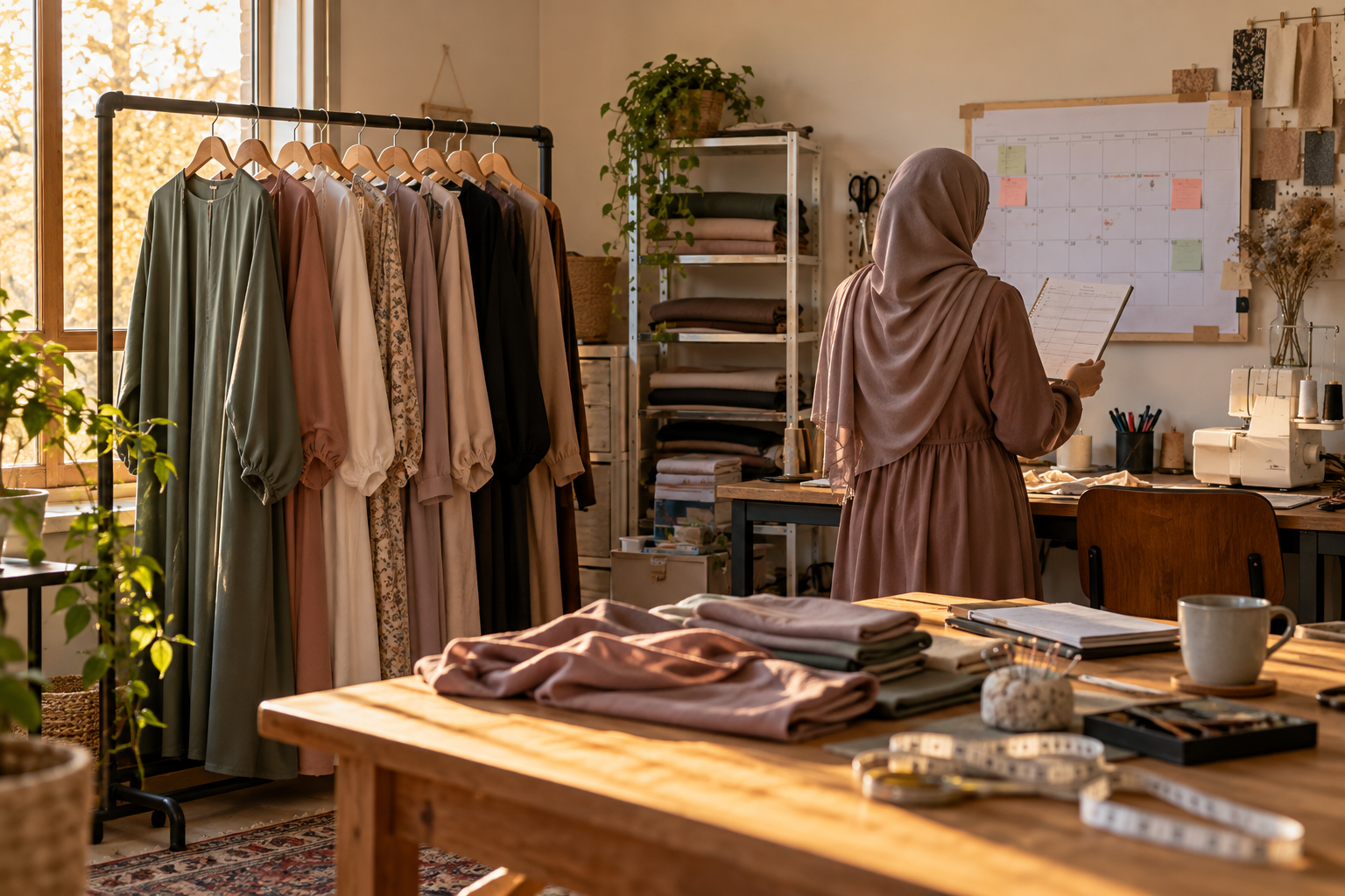 Finished garments and order planning in the spare-room studio